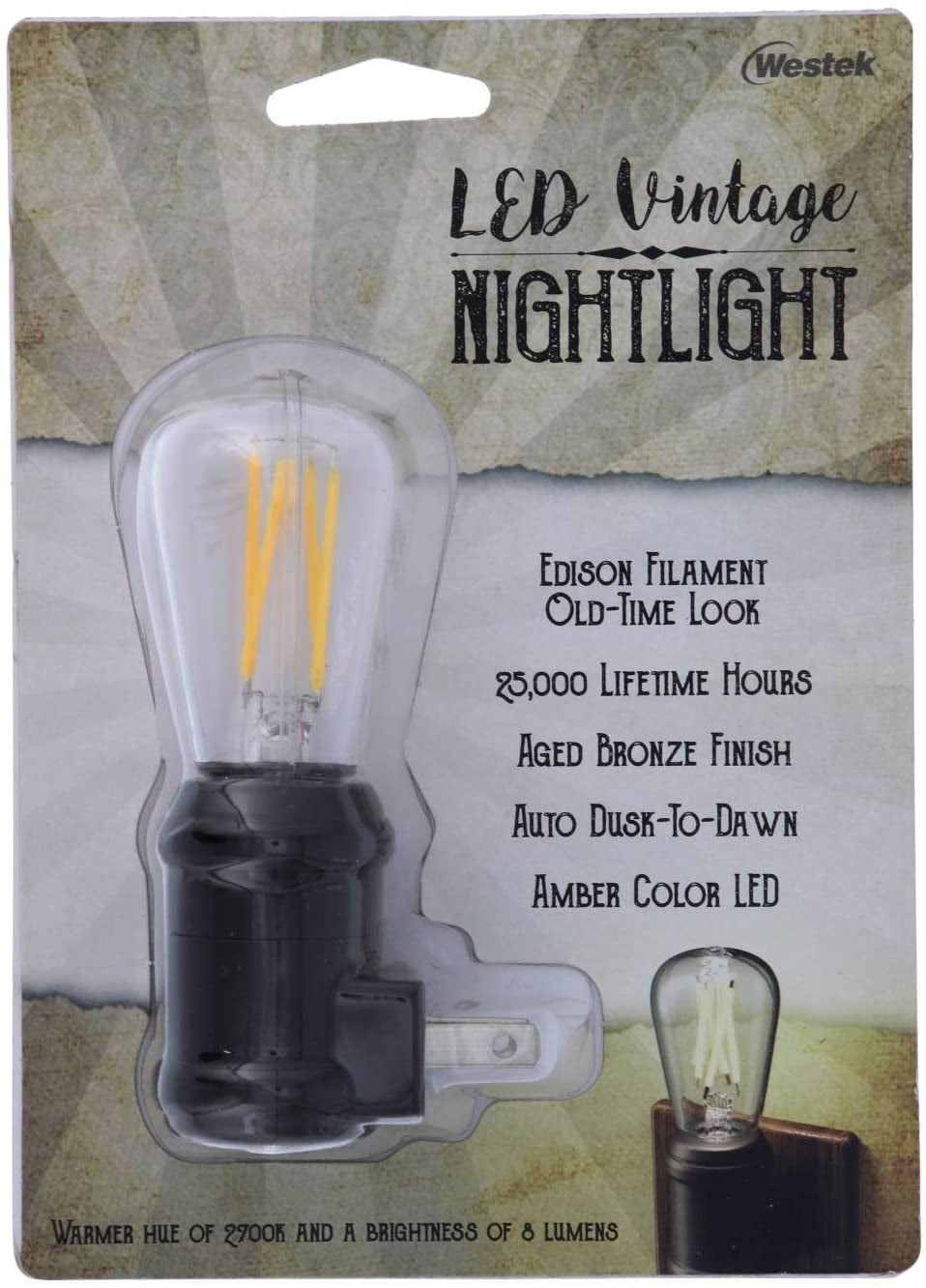 Westek Vintage Night Light by Amertac- Bronze LED Edison Night Light - Plug-in with Old-Fashioned Design - 8 Lumens