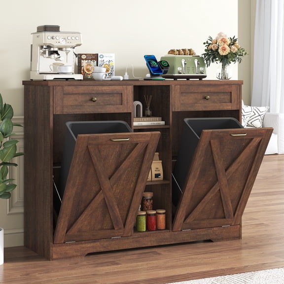 ANPOO Farmhouse Double Tilt-Out Trash Cabinet with Charging Station, 2×10 Gallon Hidden Storage, Drawers & Adjustable Shelves for Kitchen & Dining Room