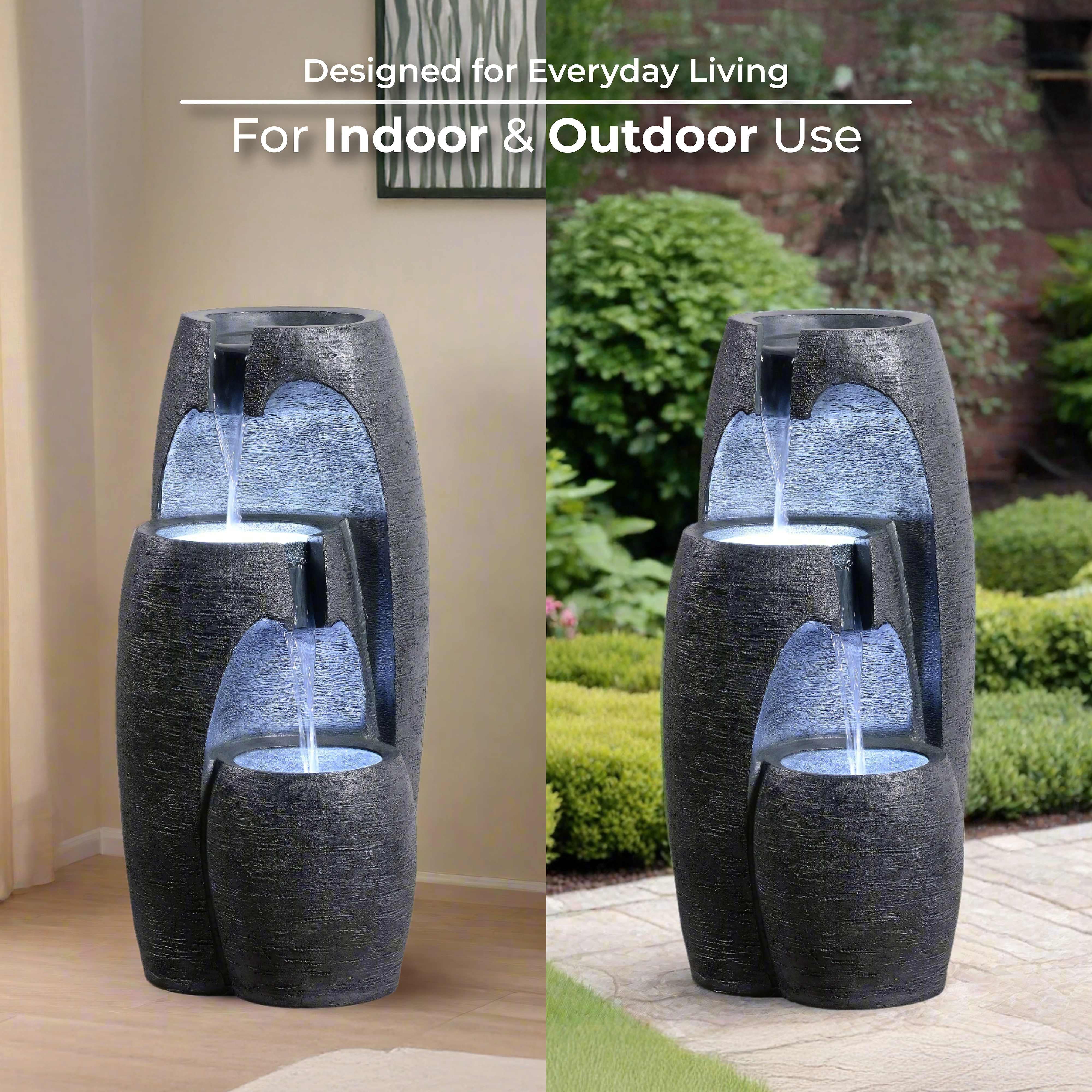 Teamson Home 3-Tier Cascading Urn Outdoor Water Fountain, Cool Glow Lighting with Adjustable Flow & Electric Pump, Black