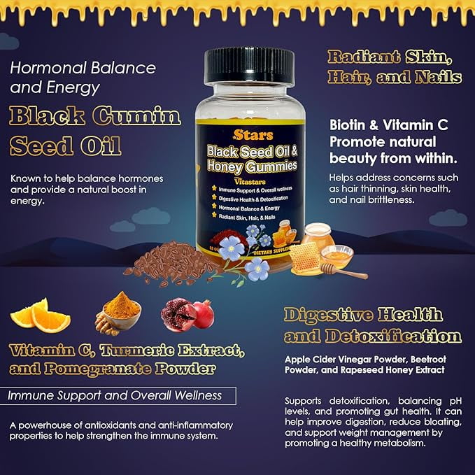 Vitastar Black Seed Oil & Honey Gummies | with Biotin, Vitamin C, Turmeric, Pomegranate & Thymoquinone | for Immune, Joint, digestion and Skin Support | 60 Count