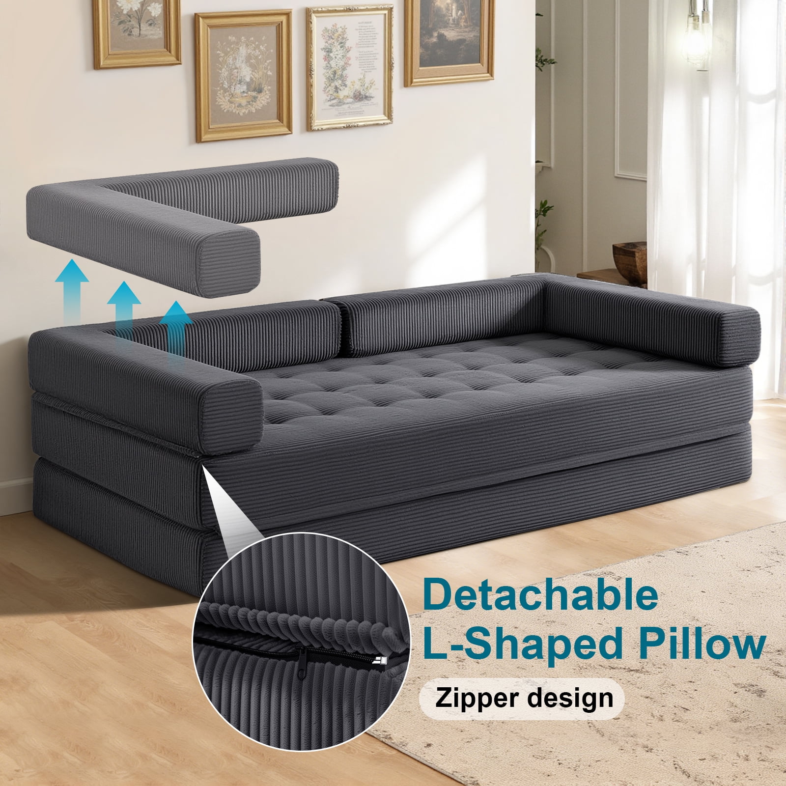 Hommpa 78" Convertible Sofa Bed Foldable Couch Bed Folding Mattress Couch, Sleeper Sofa with 3 Pillows with High Density Foam Filling, for Living Room for Holiday Festival Christmas Gift, Gray, King