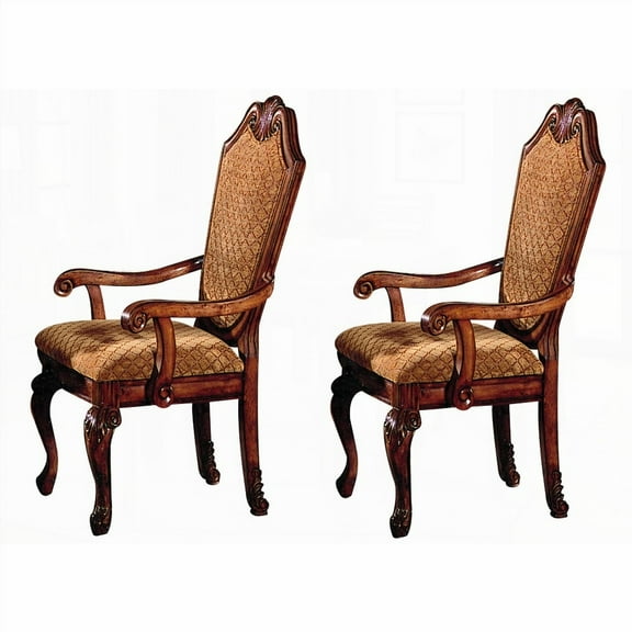 Beige and Cherry Arm Chairs (Set of 2) - Arched Backrest with Wooden Queen Anne Legs