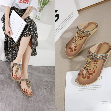 

KKCXFJX slippers for women Bohemian Flat Flower Rhinestone Sandals Outer Beach Sandals Slippers