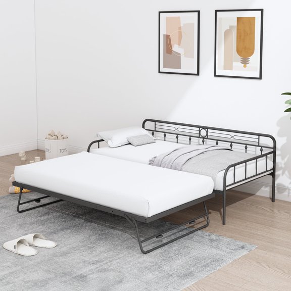 UHOMEPRO Metal Twin Daybed with Adjustable Trundle, Twin Size Daybed Sofa Bed with Pop Up Trundle, 2 Beds Design Sleeper Bed Frame for Guest Room and Living Room, Black
