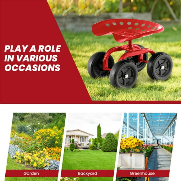 360° Garden Rolling Work Seat, Garden Scooter, 4 Wheels, Easy Mobility, with Swivel Seat, Height Adjustable, for Garden and Yard - Red