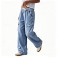thumbnail image 5 of Women Washed Wide Leg Denim Pants, Casual Loose Fit Long Jeans with Side Pockets Blue-C XL(XL), 5 of 7