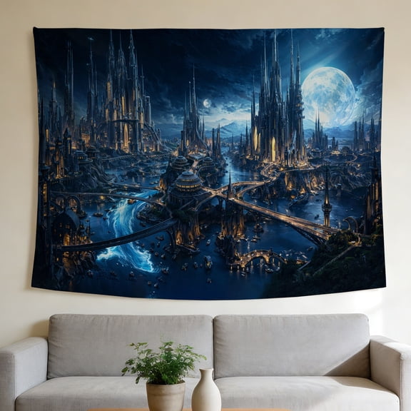 FLASHLUMI 40"x30" Fantasy Night City Wall Tapestry, Magical Gothic Cityscape with Moonlit Towers and Waterways Print Wall Hanging for Bedroom Living Room Decor