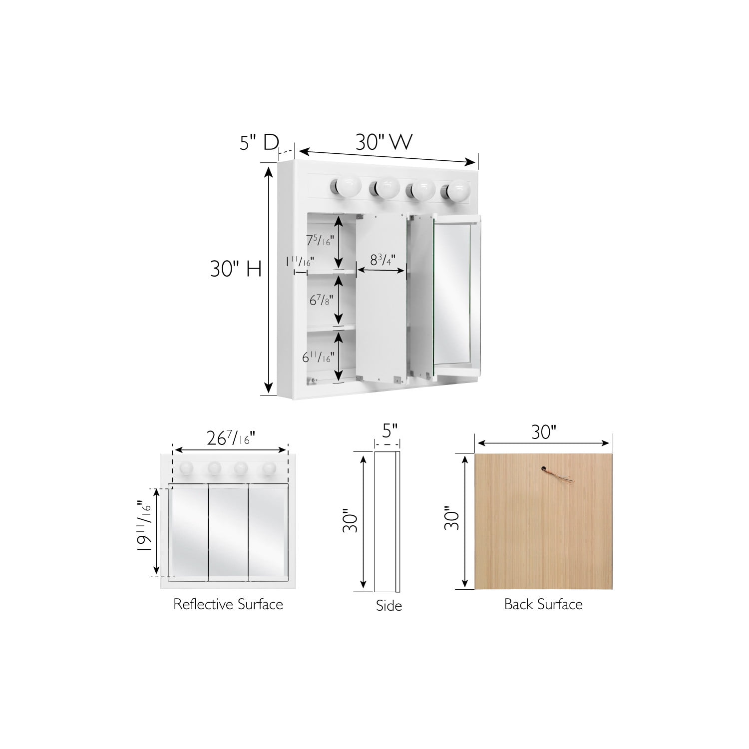 Design House 30" Wood Wall Mounted 4-Light Tri-View Mirrored Bathroom Cabinet, White