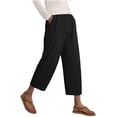 thumbnail image 5 of LEKWK Linen Crop Pants for Women Elastic Waist Casual Wide Leg Pants Loose Fit Solid Comfy Palazzo Bottoms with Pockets Fashion Beach Vacation Outfits, 5 of 7