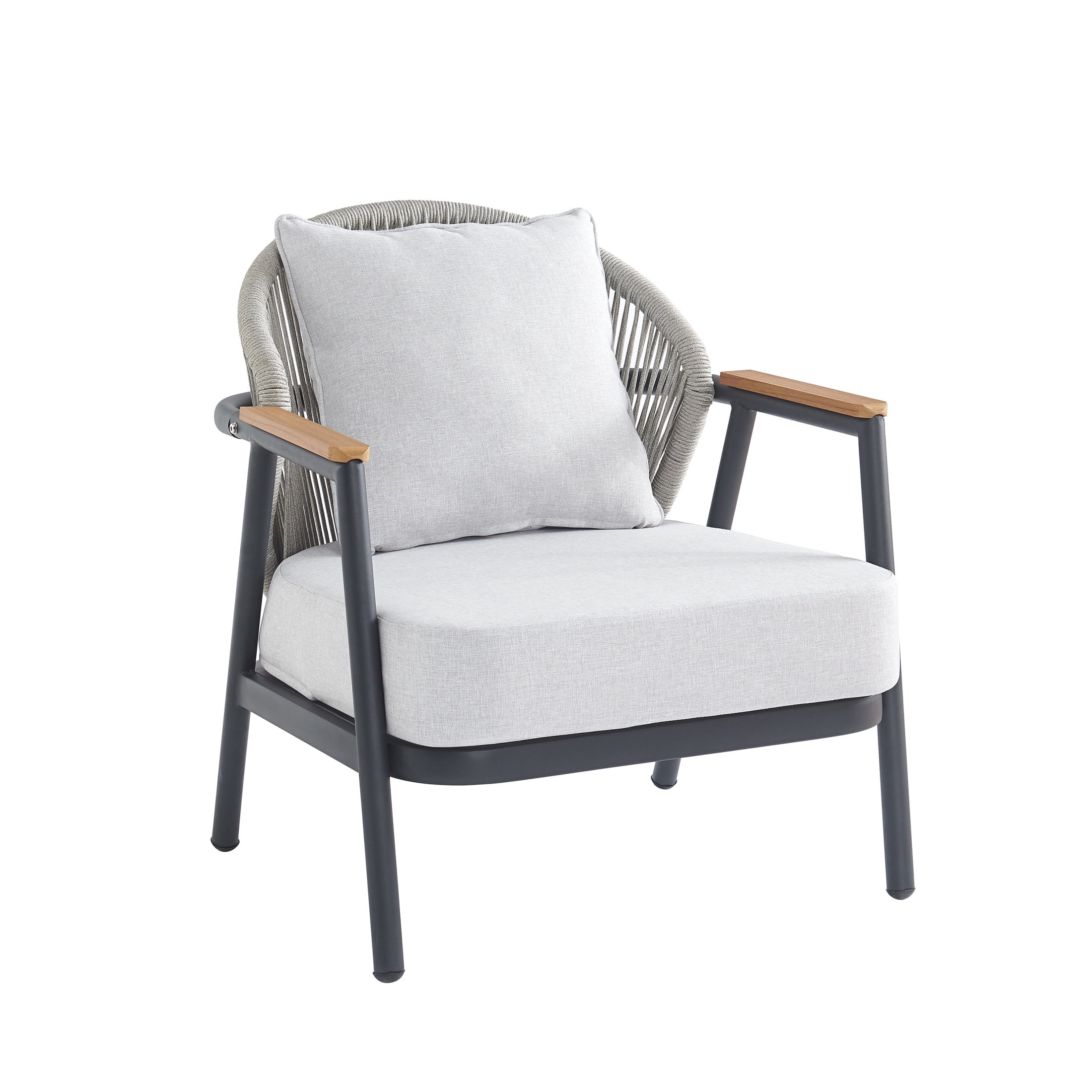 Christopher Knight Home Outdoor Iron Lounge Chair with Rope Backrest, Faux Wood Armrests, Black+Gray