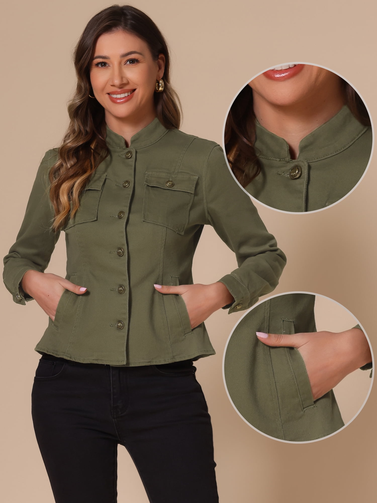 DARING DIVA Women's Classic Stand Collar Denim Jacket XL Green