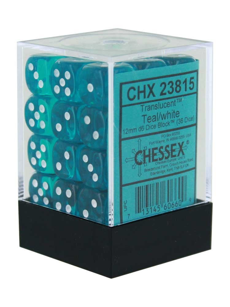 Chessex Dice Block d6 36 pcs 12mm 23815 FREE BAG Translucent Teal w/ White 
