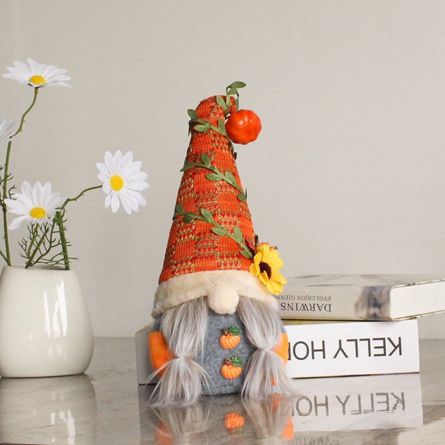 Otoño Acción de Gracias, Calabaza Girasol Muñeca sin rostro Adornos de gnomo, Adorno de calabaza de muñeca de elfo de felpa rústica hecha a mano (B) oso de fresa Electrónica