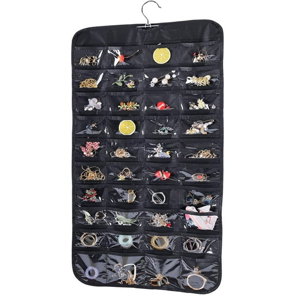 Hanging Jewelry Organizer, Double Sided Bracelet Organizer with Pockets Fabric Jewelry Organizer Holder for Necklace Bracelet Earring Ring Chain (Black)
