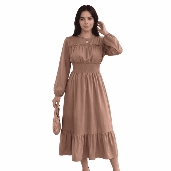 Women Solid Polyester Midi Dresses, Elegant Ruffle Crew Neck Smocked Waist Flowy Tiered Long Dress