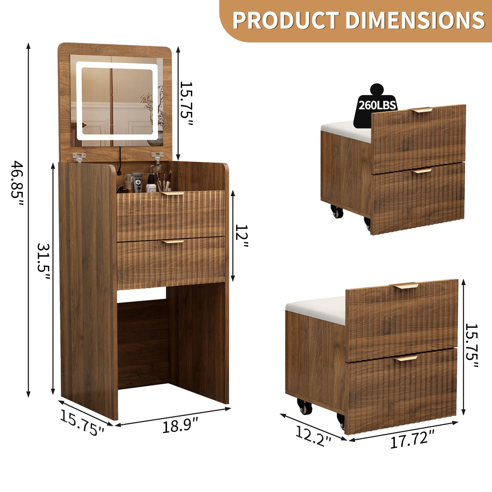 3 in 1 Vanity Desk with 3 Drawers and Rolling Stool, Compact Vanity with Flip Top Mirror and Lights, Modern Small Makeup Vanity Table