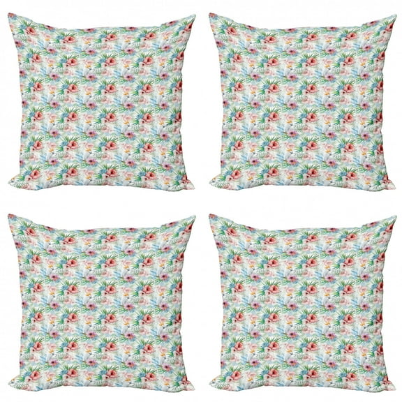 Ambesonne Tropical Throw Pillow Cover 4 Pack, Exotic Parrot Flower, 18", Multicolor