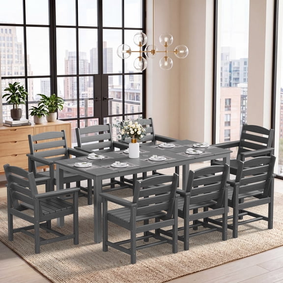 SERWALL 9-Piece Patio Dining Set , 75" HDPE All Weather Outdoor Dining Set for 8, Patio Table Set with Umbrella Hole for Backyard and Deck - Gray
