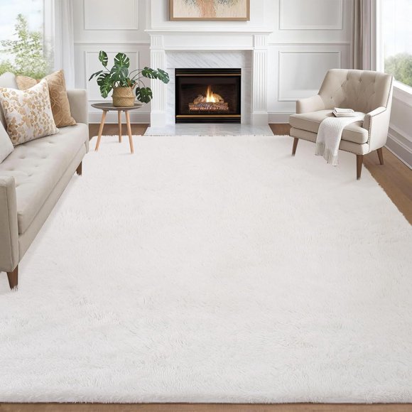 GarveeHome 6x9 Fluffy Area Rug- Shag Area Rug for Living Room, Shaggy Large Indoor Thick Living Room Carpet with Non-Slip Backing, Soft Plush Fuzzy Carpet for Bedroom, 6x9, White