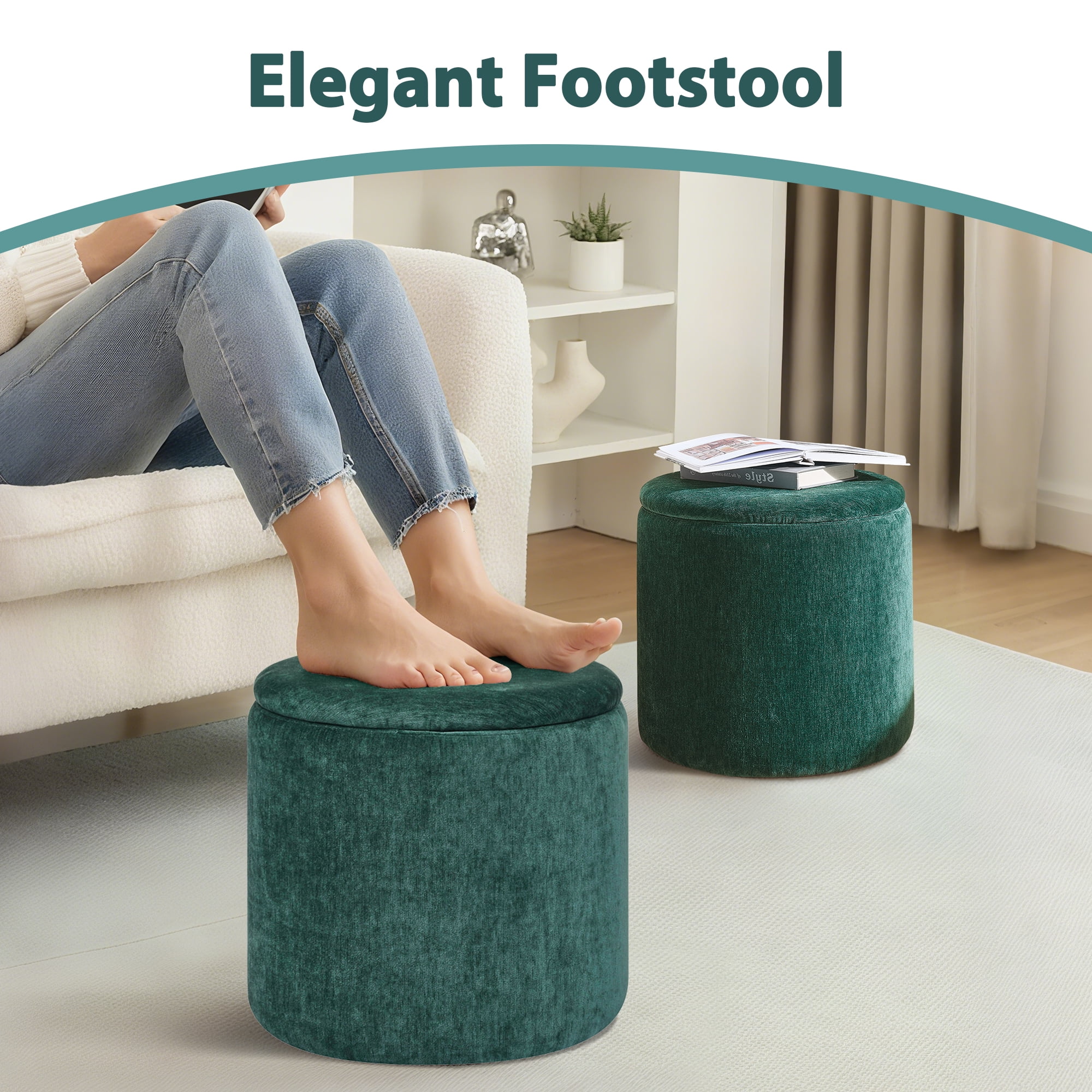 Aukfa 2-Piece Round Storage Ottoman Set,Chenille Coffee Table Footstool & Vanity Stool for Living Room/Bedroom/Entryway,Retro Green