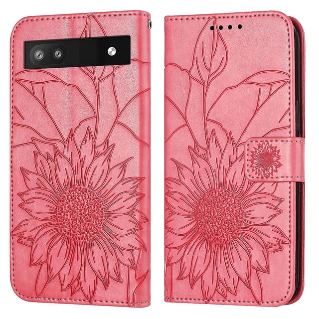 Funda tipo cartera con girasoles grabados para Google Pixel 6a: elegante, multifuncional y con protección total.