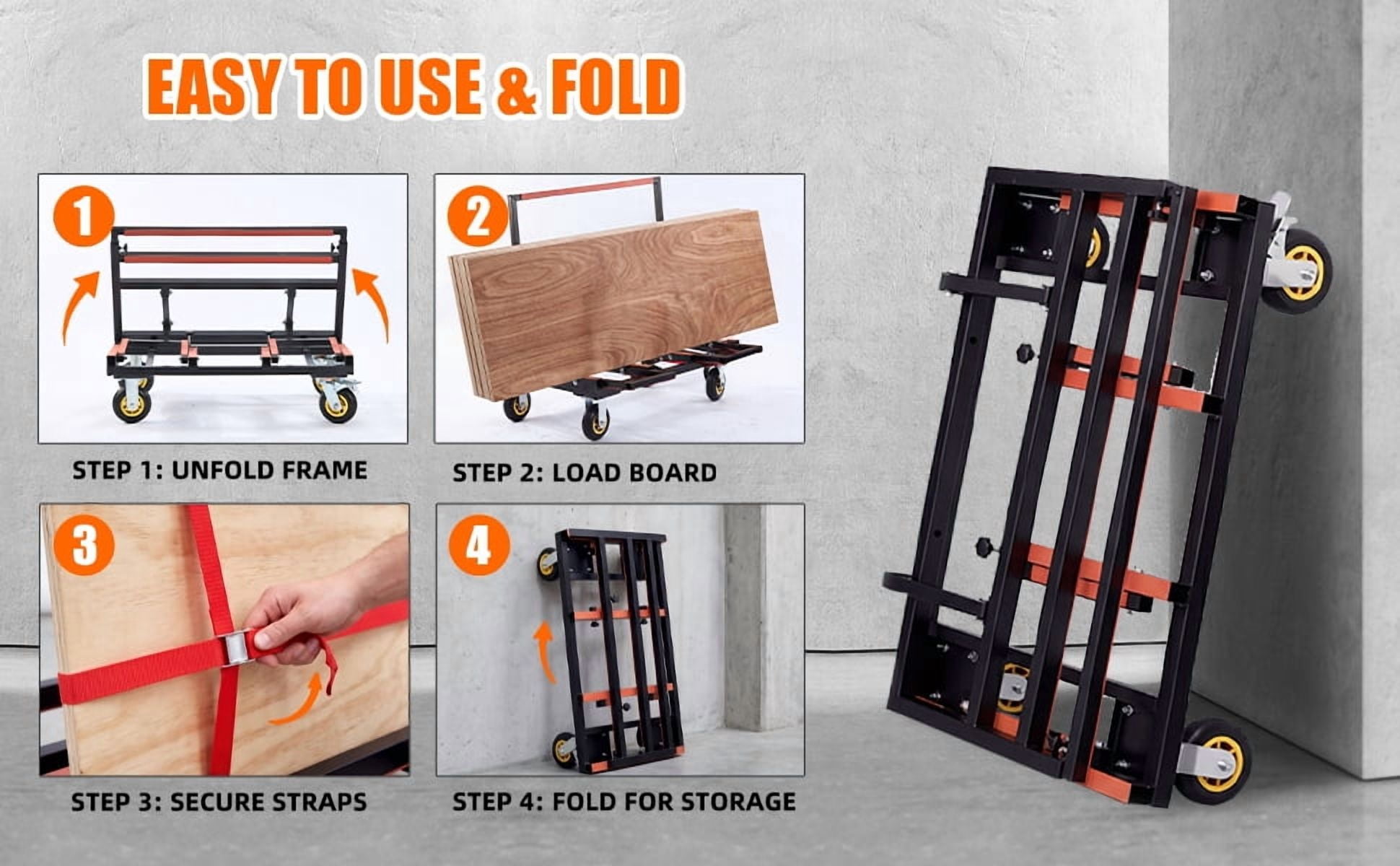 Folding Drywall Dolly with 4X6" Casters, 2000 LBS Load Capacity, Expandable Deck and Back Frame, Portable Panel Cart for Versatile of Handling Plywood, Plasterboard, Glass with 2PCS Tie-Down Strapp