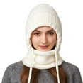 thumbnail image 6 of Women's 3-in-1 Ribbed Knit Hat with Integrated Scarf, Winter Face Mask Beanie, Thermal Ear Flap Trapper Cap, Cold Weather Balaclava Style, Unisex Outdoor Winter Gear - White, 6 of 7