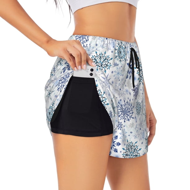 Balery Retro ice blue snowflakes Pantalones cortos deportivos para mujer con forro y dos bolsillos, elásticos, para entrenamiento, gimnasio, yoga-Small