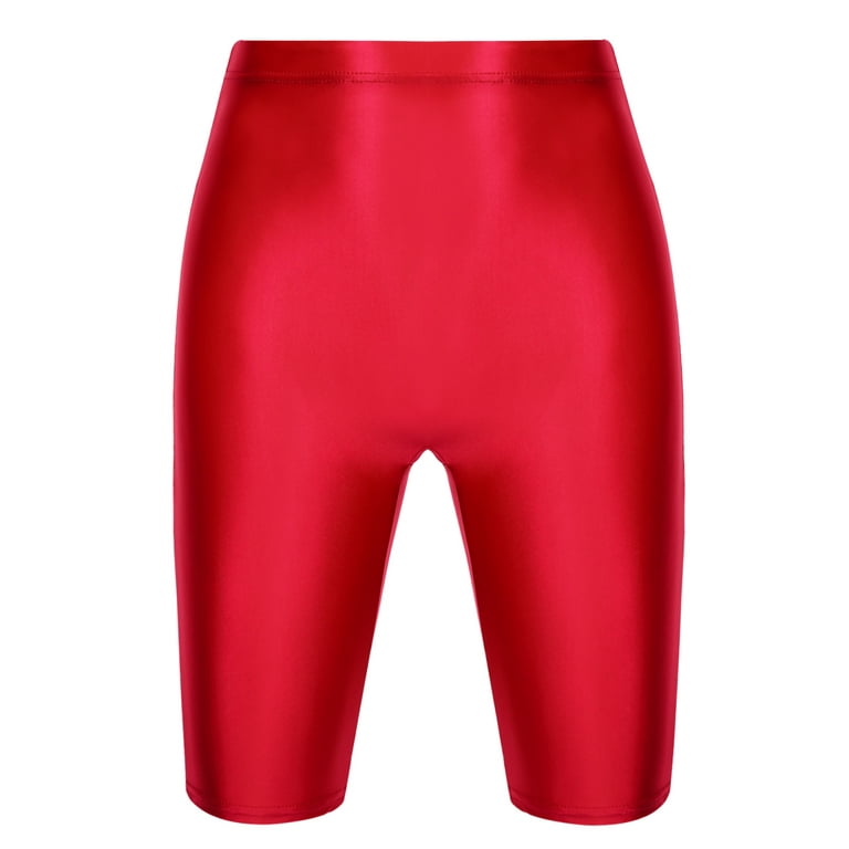 iEFiEL Mens High Waist Shiny Sports Tights Biker Shorts Oil Glossy Workout Compression Shorts Red XL
