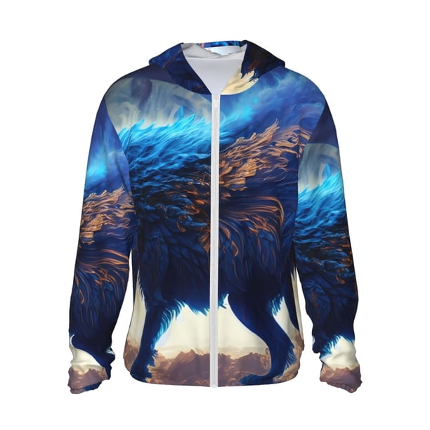 Fotbe Moonlit Blue Wolf Chaqueta con Protección Solar UPF 50+ para Hombre y Mujer, Camisa con Capucha y Bolsillos-Small