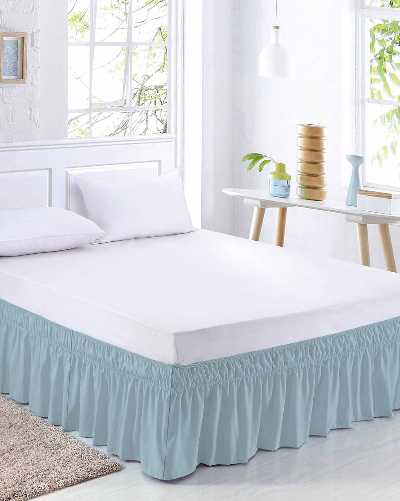 Sky Blue Bed Skirt Cal King Size, Modern Pure Winter Sky Blue Wrap Around Bed Skirting with Adjustable Elastic Strap, Dust Ruffled Pleated Bedskirts 18 Inch Drop for Bedroom Cal King Beds