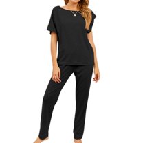 SWSMCLT Women's Plus Size Pajama Set Cotton Short Sleeve Oversized Loose Fit Summer Pjs Long Pants Lounge Set Comfy Solid Bateau Neck Thin Spring Black Medium