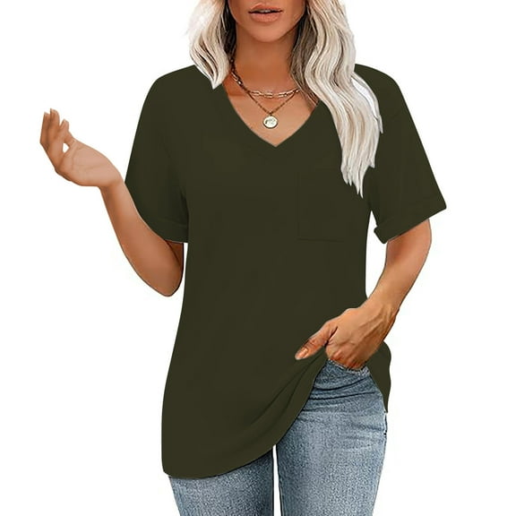 Summer Fashion Oversize Shirts for Womens Solid Color New V-neck Short Sleeved Top Casual