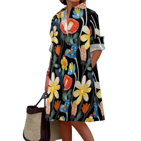Vestido camisero Medlor con estampado floral casual de manga larga para mujer
