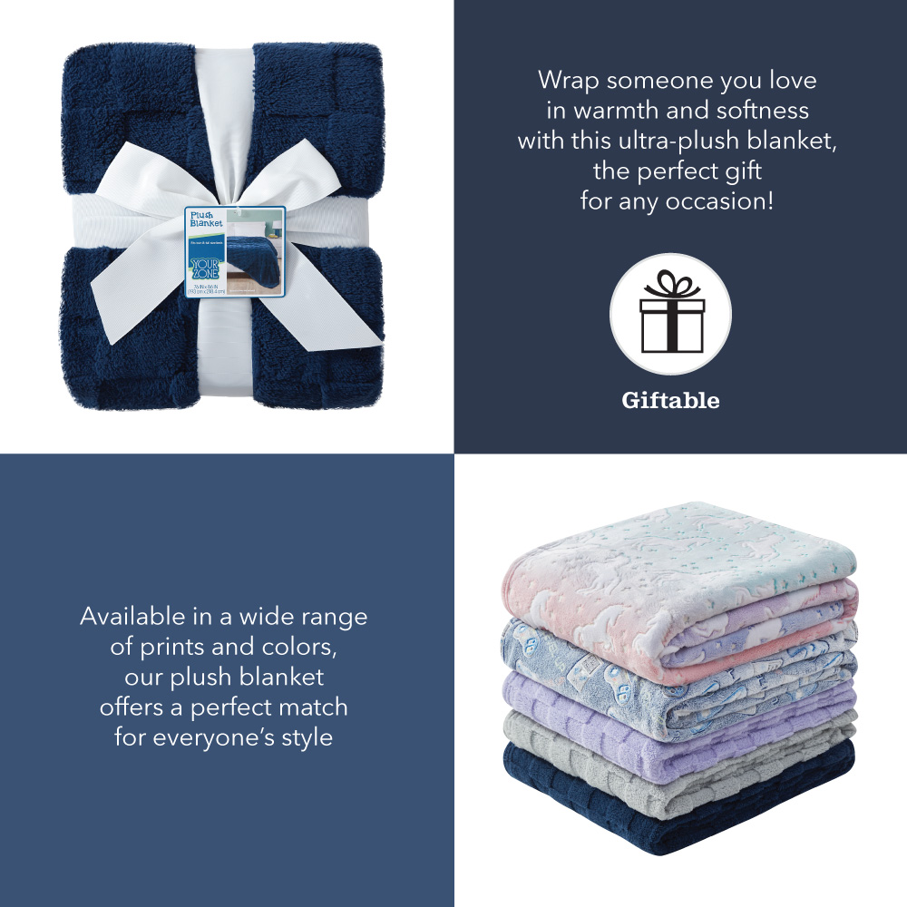 Your Zone Navy Embossed Checkerboard Oversized Blanket, Twin/Full, 76" x 86", Kids