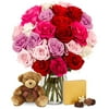 From You Flowers - Two Dozen Sweetheart Roses with Teddy Bear & Chocolates with Glass Vase (Fresh Flowers) Birthday, Anniversary, Get Well, Sympathy, Congratulations, Thank You