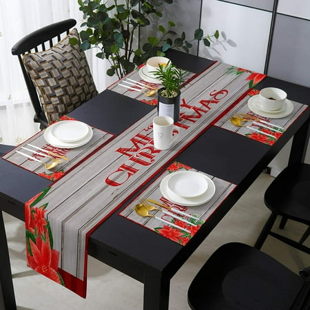 Merry Chtistmas Red Flower Cer Burlap Linen Table Runner And Placemats Set Of 4 Vintage Wooden Stripes Grain Washable Dining Decor For Kitchen Party Banquet 13 X70 Canada Washable Dining Table Decor, Red Dining Table Centerpiece