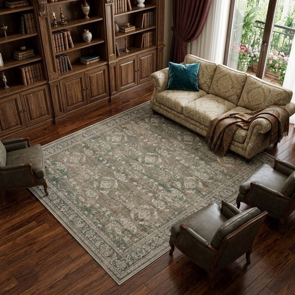 HomeRoots 8' X 10' Brown Ivory And Green Floral Medallion Washable Area Rug