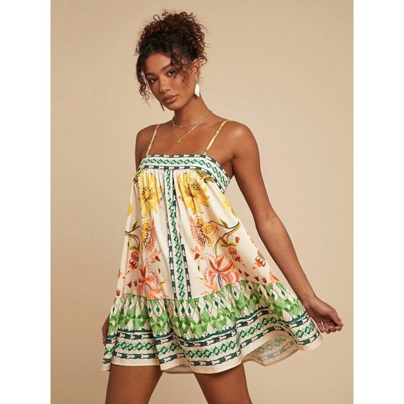 Multicolor Floral Print Spaghetti Strap Loose Mini Dress For Women