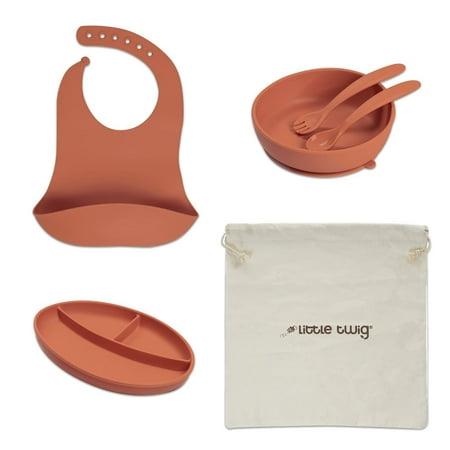 Little Twig 6-Pc Unbreakable Silicone Baby Feeding Set Kids Dinnerware Set, Clay