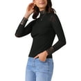 thumbnail image 4 of INSPIRE CHIC Women's Semi Sheer Mesh Top Fitted Lace Trim Mock Neck Long Sleeve Blouse XS Black, 4 of 6