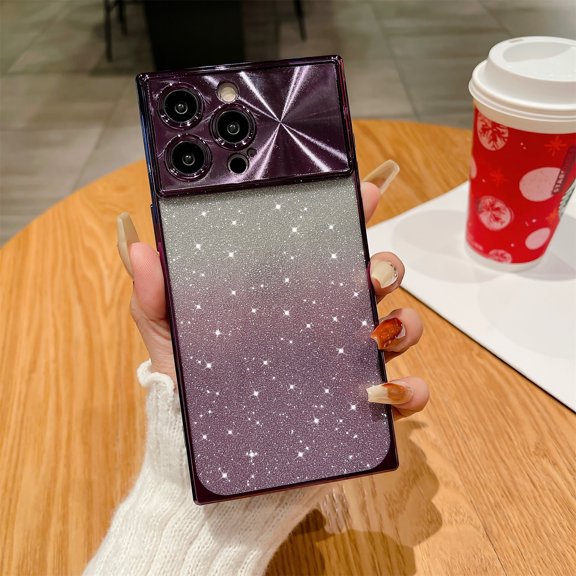 SaniMore for iPhone 15 Pro Max Case, Gradient Glitter Bling Paper Large Window Lens Protection Electroplated Frame Soft TPU Shockproof Anti-drop Slim Lightweight Fashion for Girls Women, Darkpurple