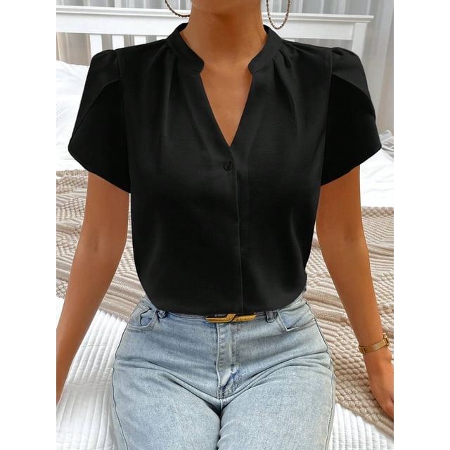 Blusa Negra De Mujer Con Cuello V Y Manga Corta Fruncida