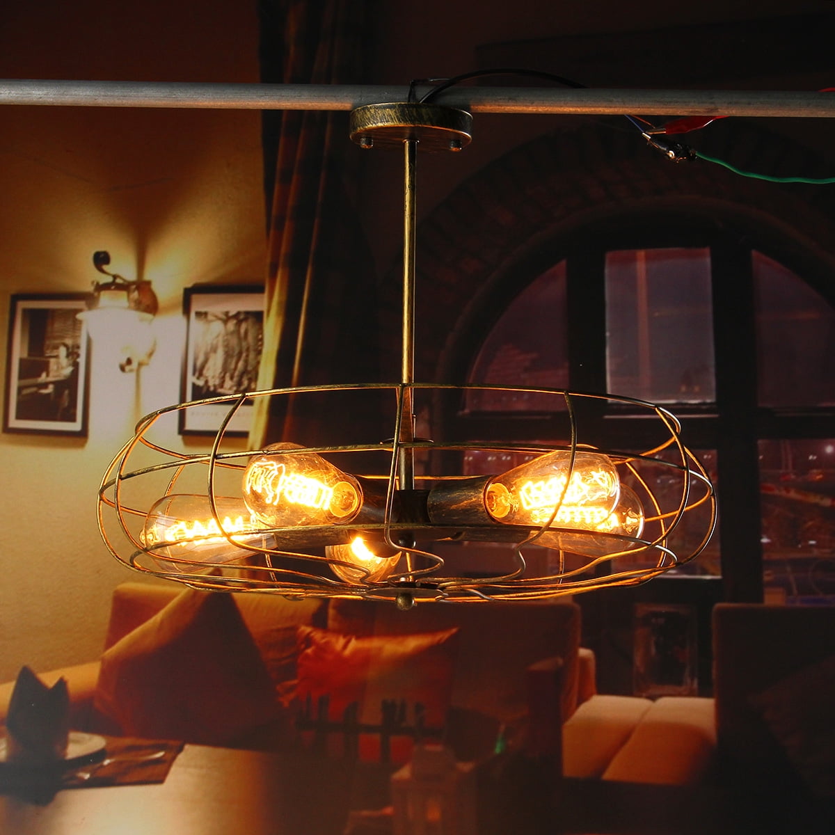 Industrial Fan Style Metal Cage Ceiling Light, 5 Lights Semi Flush