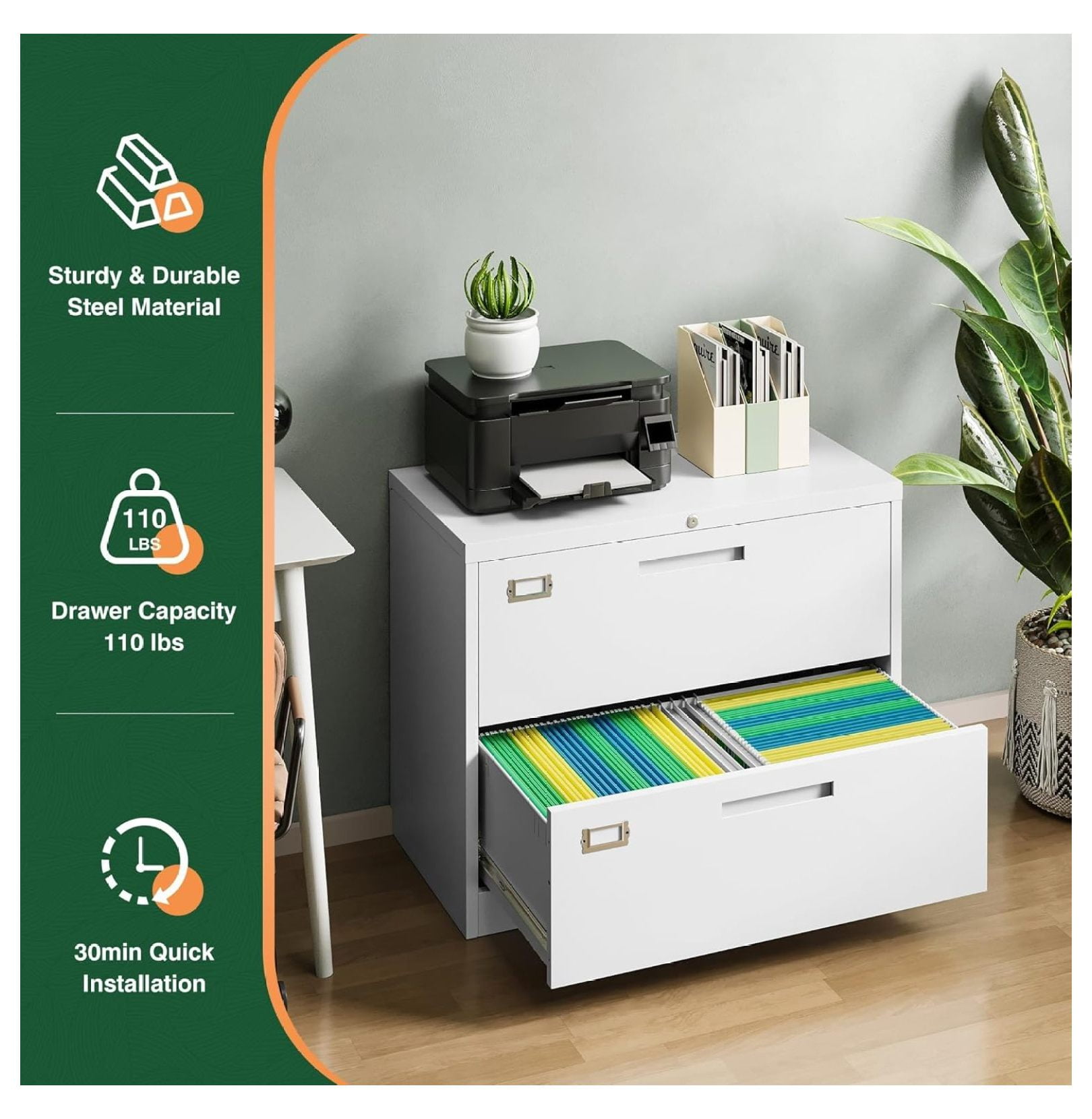 WDZS 2 Drawer Metal Filing Organization Office Cabinets with Lock,Lateral File Cabinets for Home Office Hanging Files Letter/Legal/F4/A4 Size (2 Drawer-White)