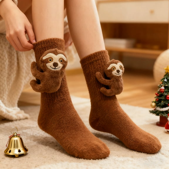 Cute Plush 3D Sloth Socks for Women - 2025 Christmas Hand Crochet Floor Socks, Cozy Animal Novelty Crew Socks