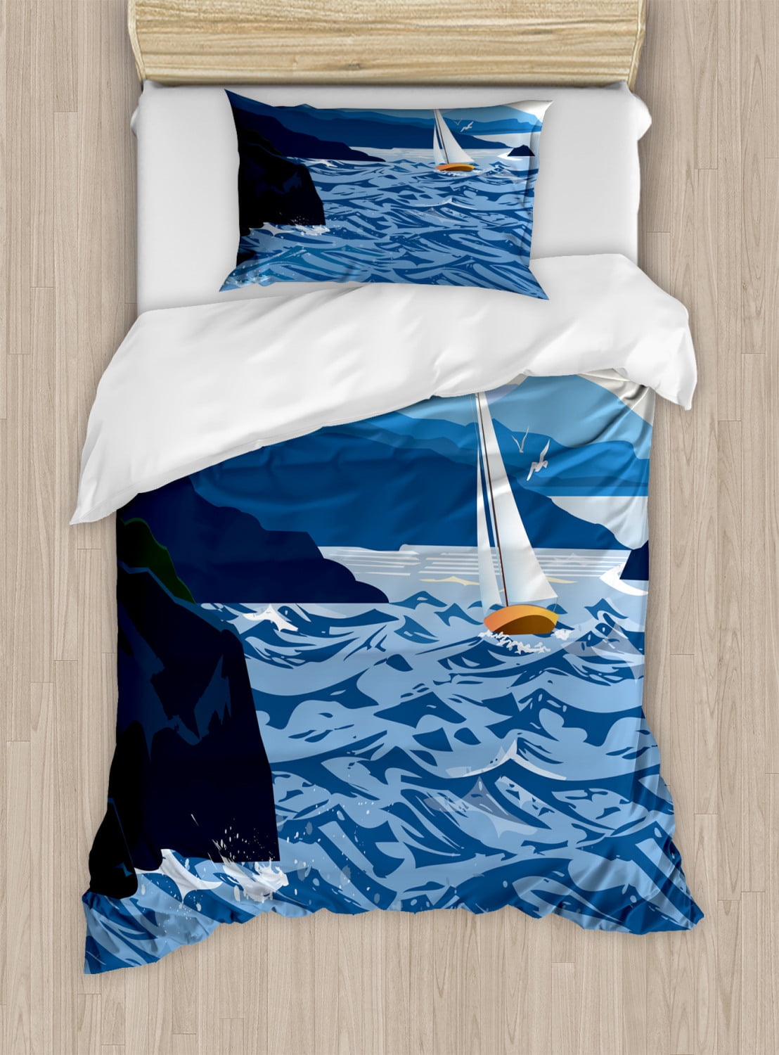 Adventure Duvet Cover Set Twin Size, Print of a Seascape Themed Sailing ...