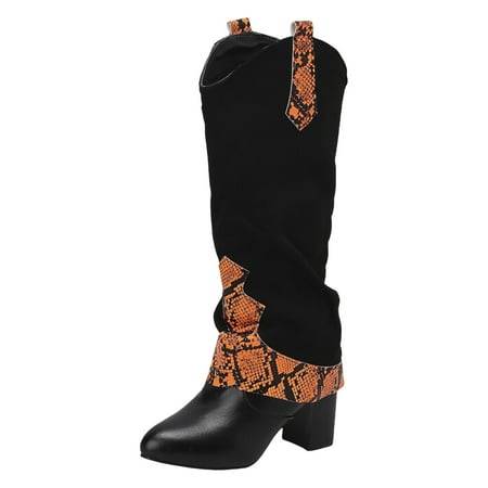 

PMUYBHF Ladies Ethnic Style Splicing Boots Heel Pointed Toe High Heeled Pants Pipe Boots Large Size Thigh High Boots Mid Calf Boots 49.98