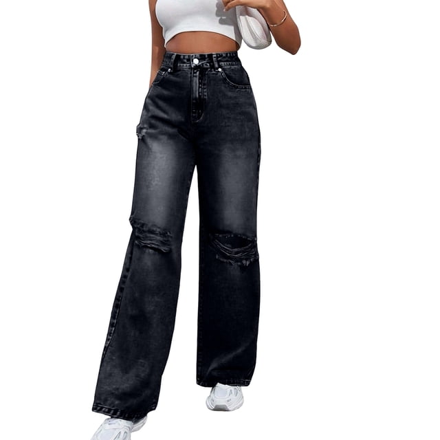 Pantalones Vaqueros Rotos de Cintura Alta para Mujer, Desgastados, Holgados, Rectos y de Pierna Gris Oscuro L