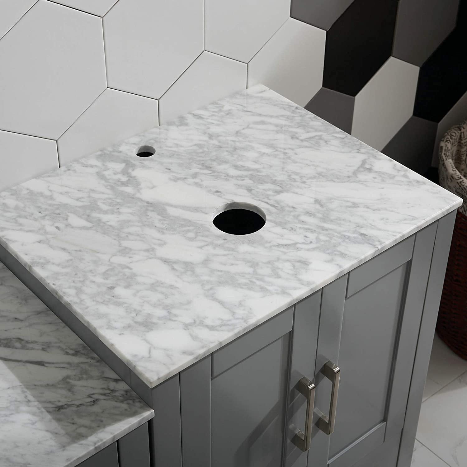 36" Bathroom Vanity Cabinet and Sink Combo Solid Wood Marble Top w/Mirror Faucet&Drain,Gray